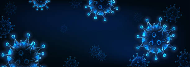 Futuristic Coronavirus web banner template with glowing low poly virus cell on dark blue background. Futuristic Coronavirus web banner template with glowing low polygonal virus cell on dark blue background. Virus epidemic alert. Modern wire frame mesh design vector viral infection stock illustrations