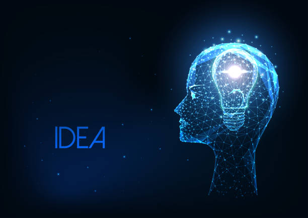 Futuristic creative idea concept with glowing low polygonal human head and light bulb Futuristic creative idea concept with glowing low polygonal human head and light bulb isolated on dark blue background. Modern wireframe mesh design vector illustration. futuristic clipart stock illustrations