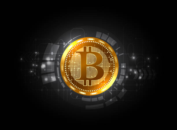 ilustraciones, imágenes clip art, dibujos animados e iconos de stock de fondo digital futurista con bitcoin. concepto de red de la tecnología. - bitcoin