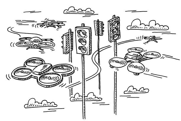 Futuristic Drone Traffic Drawing Hand-drawn vector drawing of a Futuristic Drone Traffic. Black-and-White sketch on a transparent background (.eps-file). Included files are EPS (v10) and Hi-Res JPG. drone drawings stock illustrations