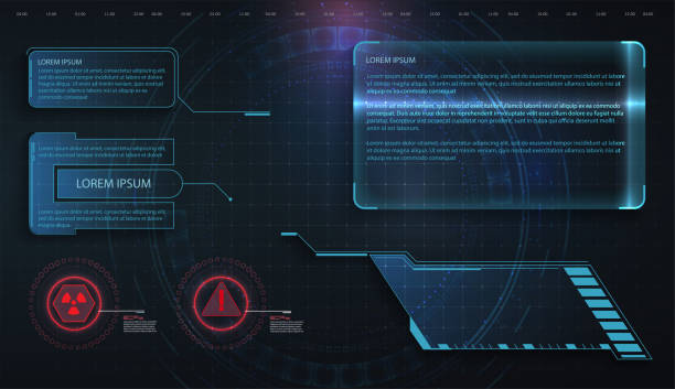 HUD, UI, GUI futuristic frame user interface screen elements set. Set with call outs communication. Abstract control panel layout design. Virtual hi Scifi technology gadget interface for game app HUD, UI, GUI futuristic frame user interface screen elements set. Set with call outs communication. Abstract control panel layout design. technology borders stock illustrations