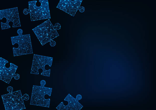 Futuristic glow low poly jigsaw puzzle pieces abstract background with space for text on dark blue. Futuristic glowing low polygonal jigsaw puzzle pieces abstract background with copy space for text on dark blue. Neon lines and stars network structure. Modern wireframe design vector illustration. futuristic clipart stock illustrations