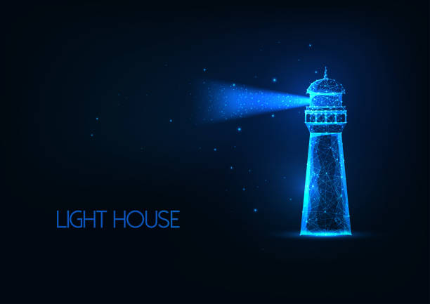 futuristisch glühendes lo polygonales lichthaus mit lichtstrahl isoliert auf dunkelblauem hintergrund. - leuchtturm stock-grafiken, -clipart, -cartoons und -symbole