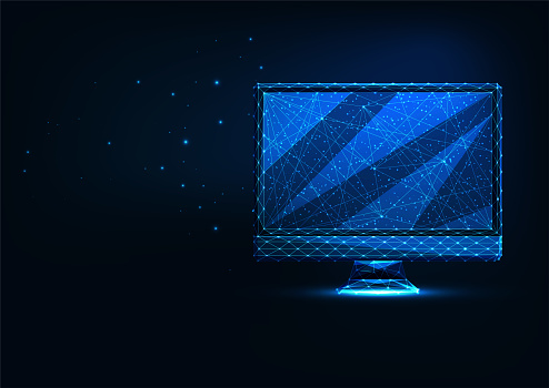 Futuristic glowing low polygonal computer display isolated on dark blue