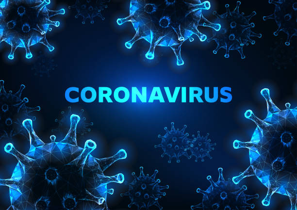 stockillustraties, clipart, cartoons en iconen met futuristische gloeiende lage polygoonkecoronaviruscellenbanner op donkerblauwe achtergrond. - covid