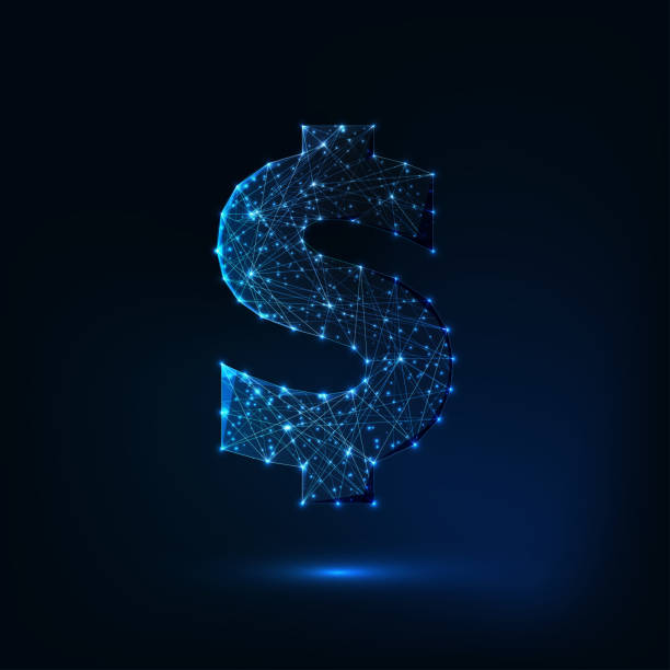 Futuristic glowing low polygonal dollar sign isolated on dark blue background. Futuristic glowing low polygonal dollar sign made of lines, stars, dots, light particles isolated on dark blue background. Finances concept. Modern wire frame mesh design vector illustration. market retail space stock illustrations