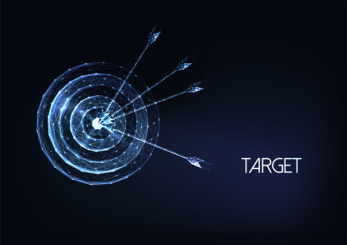Futuristic goal concept with glowing low polygonal target with arrows isolated on dark blue
