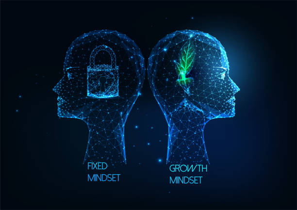 Futuristic Growth mindset VS Fixed mindset concept with low poly human heads with plant and lock Futuristic Growth mindset VS Fixed mindset concept with glowing low polygonal human heads with plant and lock on dark blue background. Modern wireframe mesh design vector illustration. attitude stock illustrations