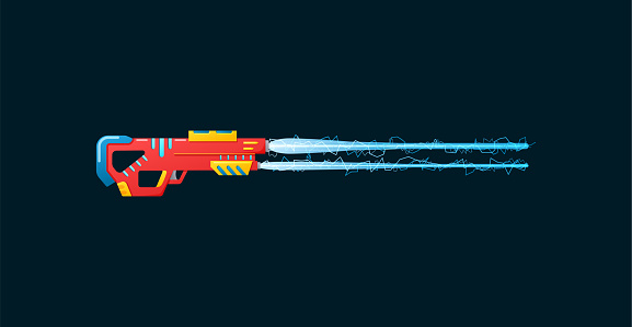 Futuristic gun blaster with laser ray a flat cartoon vector illustration.
