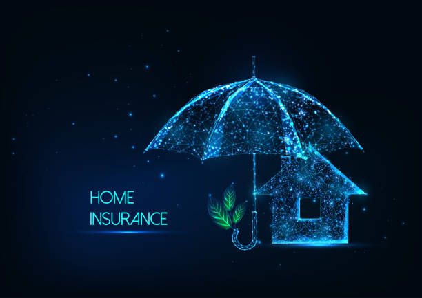 illustrazioni stock, clip art, cartoni animati e icone di tendenza di concetto futuristico di assicurazione domestica con casa poligonale bassa incandescente e ombrello protettivo - tech house