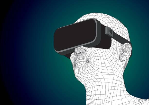 futuristische menschlichen kopf tragen vr kopfhörer für augmented reality - vr brille stock-grafiken, -clipart, -cartoons und -symbole