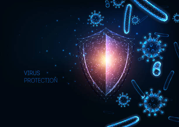 Futuristic immune system protection with glowing low polygonal shield, virus and bacteria cells. Futuristic immune system protection from infectious diseases concept with glowing low polygonal shield, virus and bacteria cells on dark blue background. Microbiology, immunology. Vector illustration. viral infection stock illustrations