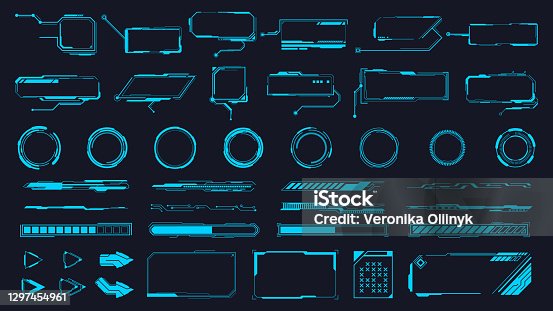 istock Futuristic interface ui elements. Holographic hud user interface elements, high tech bars and frames. Hud interface icons vector illustration set 1297454961