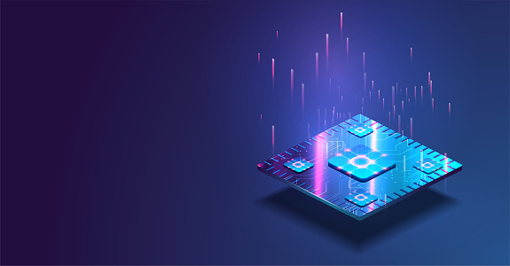 Futuristic microchip processor with lights on the blue background. Quantum computer, large data processing, database concept. CPU isometric banner.