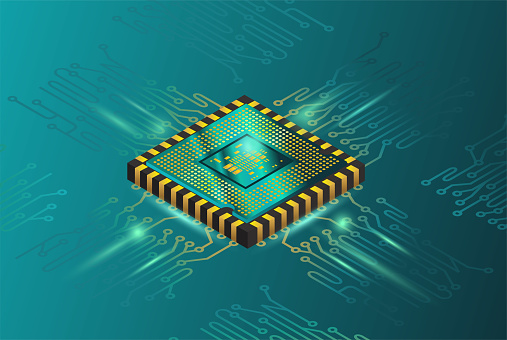Futuristic microchip processor with lights on the blue background. Quantum computer, large data processing, Semiconductor; microchip,  car chip, database concept.