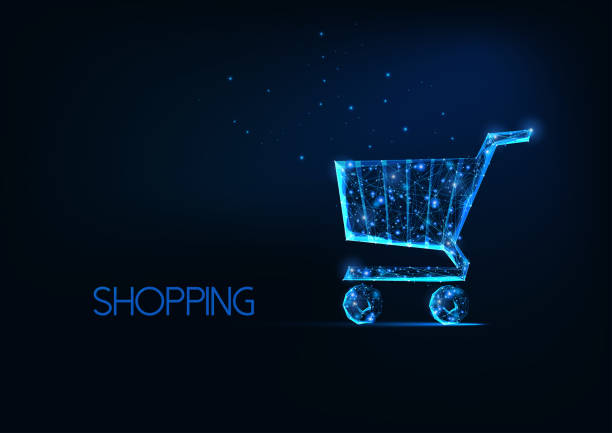 Futuristic online shopping concept with glowing low polygonal shopping cart on dark blue background. Futuristic online shopping concept with glowing low polygonal shopping cart isolated on dark blue background. Modern wire frame mesh design vector illustration. supermarket backgrounds stock illustrations