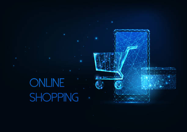 Futuristic online shopping, e-commerce concept with glowing smartphone, shopping cart, credit card Futuristic online shopping, e-commerce concept with glowing low polygonal mobile phone, shopping cart and credit card on dark blue background. Modern wireframe mesh design vector illustration. store backgrounds stock illustrations