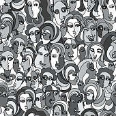 Futuristic people monochrome portraits on a white background. Seamless pattern Hippie print, batik, cubism wallpaper, wrapping paper, fashionable Textile print