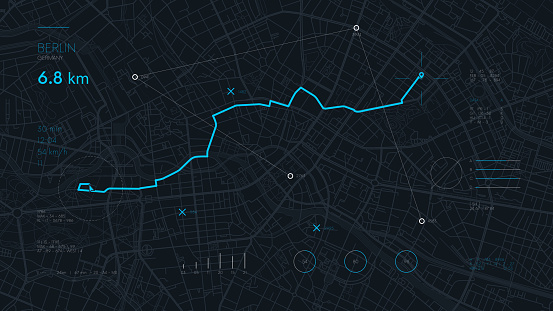 Futuristic route dashboard GPS tracking map, navigate mapping technology and locate position pin on the streets of the city Berlin