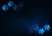 Futuristic scientific hexagonal dark blue background with space for text. Glowing low polygonal hexagons made of lines, stars, dots. Modern wireframe design vector illustration.
