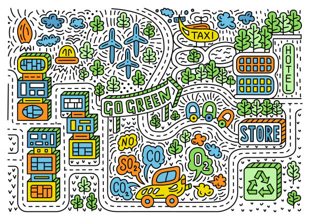 futuristische smart stadt handgezeichnet e-hand doodle stil illustration. - sustainable future road stock-grafiken, -clipart, -cartoons und -symbole