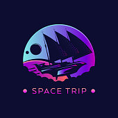 Stylized interstellar spaceship with sails in outer space among the planets - vector icon