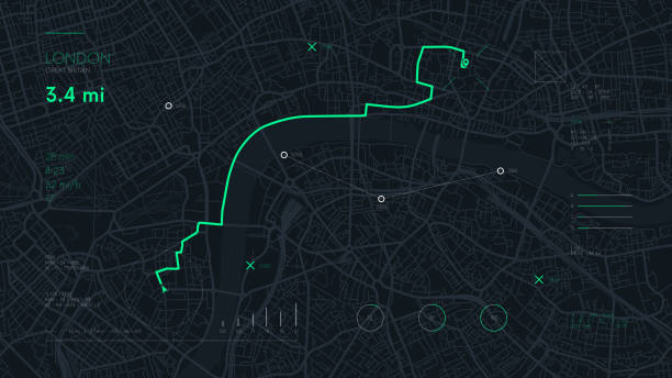 futuristische reise gps-karte oder lagenavigator, navigieren sie mapping-technologie und endziel auf den straßen der stadt london - aerial view stock-grafiken, -clipart, -cartoons und -symbole
