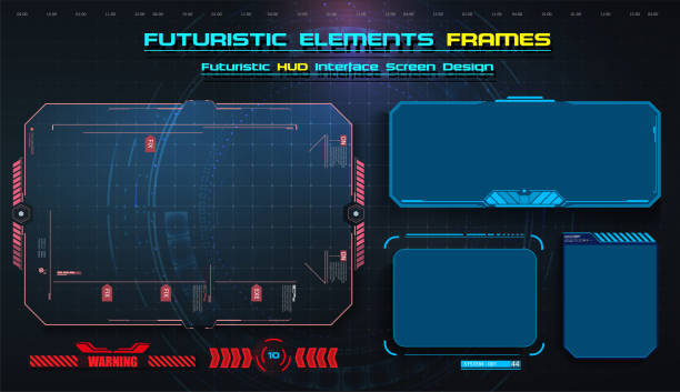 HUD, UI,UX GUI futuristic user interface screen elements set. High tech screen for video game. Sci-fi concept design. Callouts titles. Modern banners, frames of lower third. Red. Vector illustration HUD, UI,UX GUI futuristic user interface screen elements set. High tech screen for video game. Sci-fi concept design. Callouts titles. Modern banners, frames technology borders stock illustrations