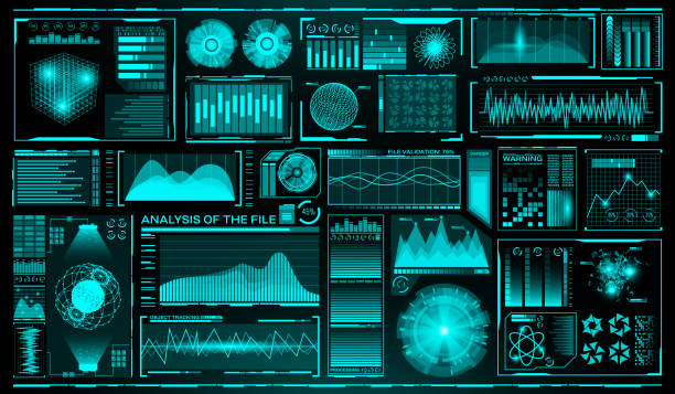 Futuristic user interface set. HUD. Future infographic elements. Technology and science theme. Analysis system. Scanning graphs and waves. Vector illustration Futuristic user interface set. HUD. Future infographic elements. Technology and science theme. Analysis system. Scanning graphs and waves. Vector illustration. digital viewfinder stock illustrations