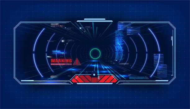 Futuristic Vector HUD Interface Screen Design. Sci-Fi Virtual Reality Technology View Display. Concept of future technology of entertainment, virtual reality.  View from the cockpit spaceship. Vector Futuristic Vector HUD Interface Screen Design. Sci-Fi Virtual Reality Technology View Display. Concept of future technology of entertainment, virtual reality.  View from the cockpit spaceship. car borders stock illustrations