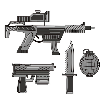 Futuristic weapon set collection. Vector cartoon flat line logo illustration. Weapon,guns,knife,grenade