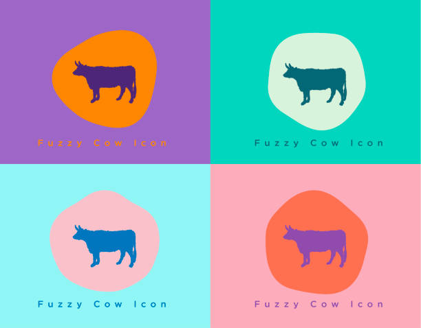 stockillustraties, clipart, cartoons en iconen met fuzzy cow icon op bright color block achtergronden met funky vormen voor steak of beef art - gedomesticeerde dieren