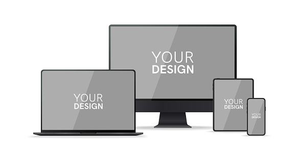 Gadgets, devices set. Phone, laptop, pc monitor, computer, tablet. Flat style border. Realistic concept with empty screen. Simple modern colorful design. Black and white colors. Vector illustration.