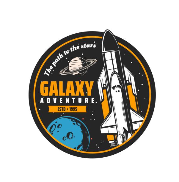 Galaxy adventure, spaceship in space and planets Galaxy adventure, spaceship in space and planets, vector shuttle rocket mission emblem. Spacecraft of orbital station in spaceflight to moon or Saturn for space exploration spaceport stock illustrations