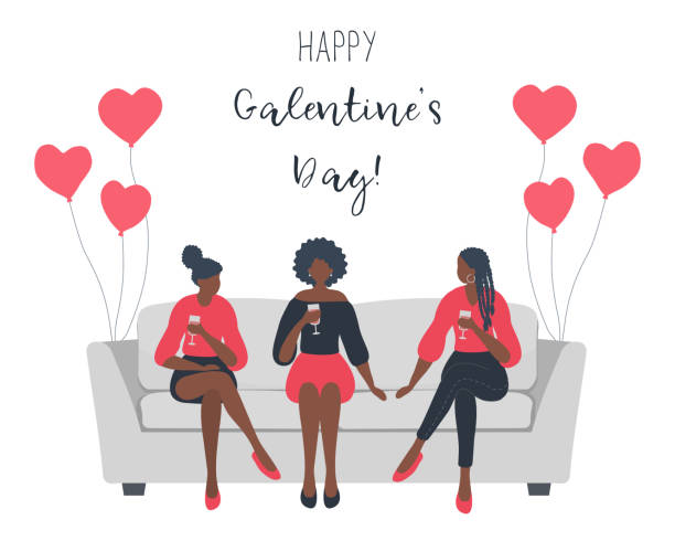 Galentines day. Three young black women are sitting on the sofa and drinking wine vector art illustration
