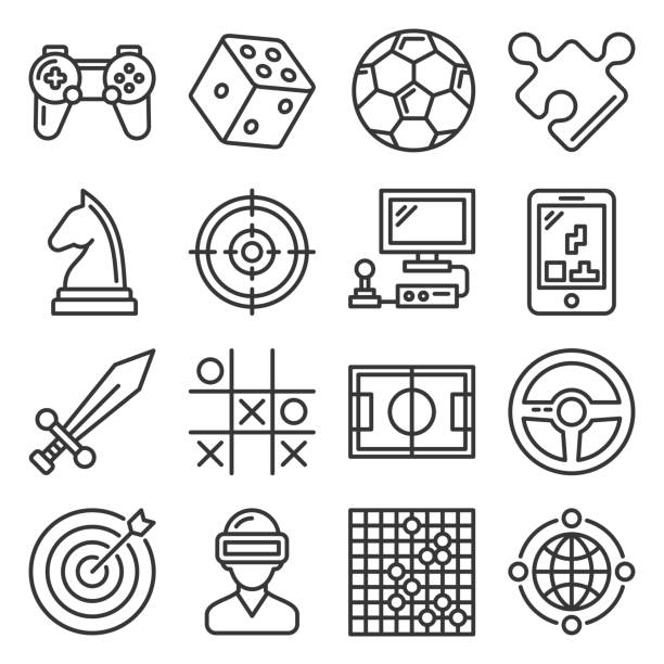 illustrazioni stock, clip art, cartoni animati e icone di tendenza di icone di gioco e intrattenimento impostate su sfondo bianco. vettore - joystick soccer