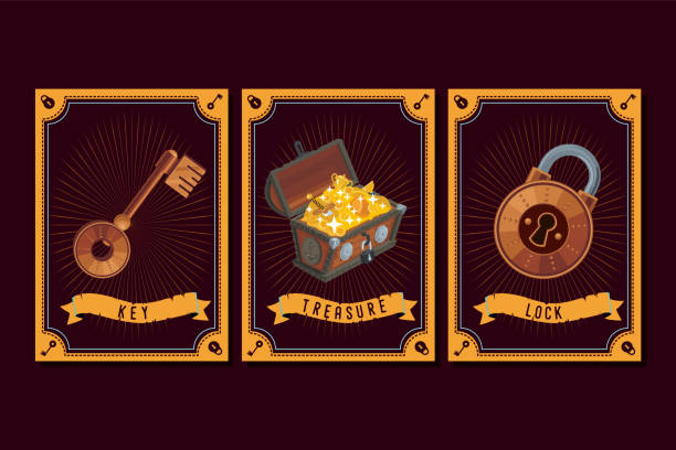 Game asset pack. Fantasy card with magic items. User interface design elements with decorative frame. Cartoon vector illustration. Game asset pack. Fantasy card with magic items. User interface design elements with decorative frame. Cartoon vector illustration. Treasure chest, lock and key antiquities stock illustrations