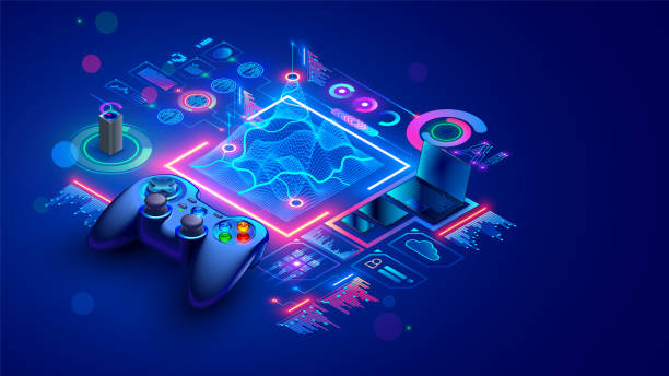 Game dev isometric concept. Education of creation 3d design of location or level computer game. Scripting, programming AI of digital games. Isometric illustration of abstract gamepad or joystick. vector art illustration
