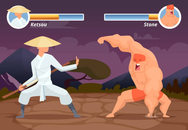 Game fighting. Screen location of computer 2D gaming asian fighter vs wrestler luchador vector background Game fighting. Screen location of computer 2D gaming asian fighter vs wrestler luchador vector background. Video game screen app, battle and combat player illustration avatar backgrounds stock illustrations