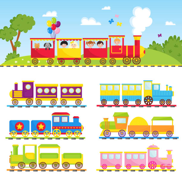 stockillustraties, clipart, cartoons en iconen met spel cadeau kinderen trein reizen spoorweg vervoer speelgoed locomotief vectorillustratie - train travel