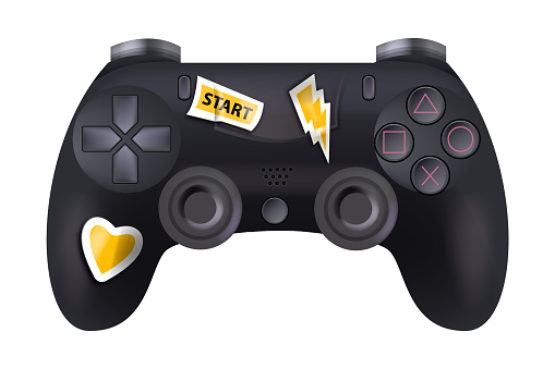 Game joystick vector illustration, black realistic gamepad console, 3D controller isolated on white.