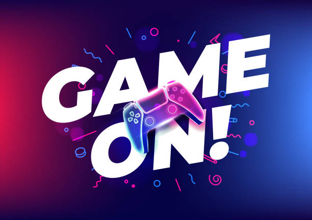 Game on, Neon game controller or joystick for game console on blue background. Game on, Neon game controller or joystick for game console on blue background. video game stock illustrations