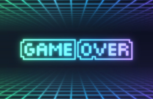 Game over digital video game end screen abstract background grid design.