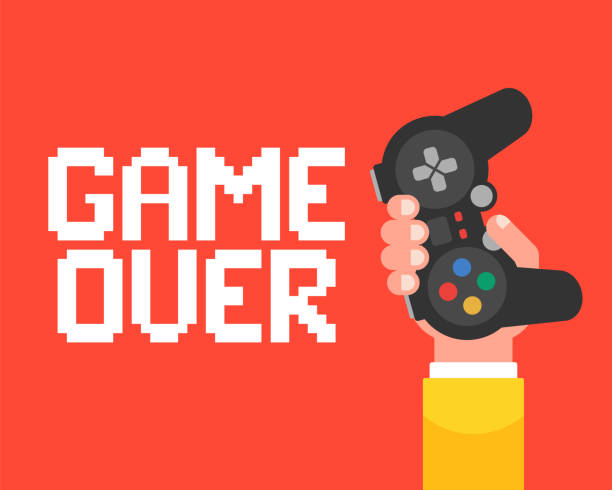 Game over poster with a hand that holds the joystick Game over poster with a hand that holds the joystick. flat vector illustration. video game illustrations stock illustrations