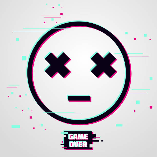 Game over vector background. Emoticon with glitch effect. Cyber gamer poster. Game over vector background. Emoticon with glitch effect. Gamer poster. Cyber death in virtual reality. skull logo stock illustrations