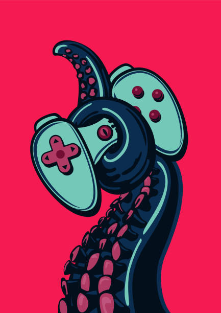 spielerpolster mit oktopus-tentakel. vintage-plakatdruck für videospiel-fans. vector joystick controller. - nerd stock-grafiken, -clipart, -cartoons und -symbole