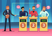 Game quiz show. Clever young people playing television quiz with showman, trivia game tv competition. Cartoon vector illustration