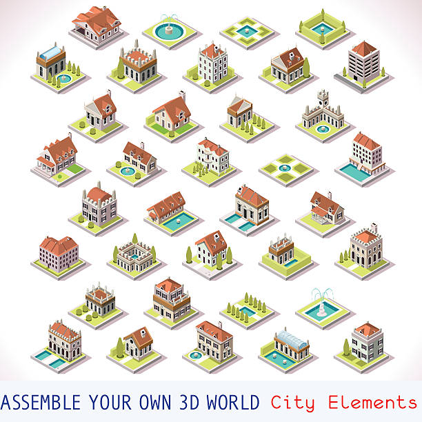 Game Set 03 Building Isometric City Building Villas Private Estate Tiles MEGA Collection Italian Venice Luxury Hotel Gardens and Other Isometric 3d Urban Map Elements Set of Game Tiles airbnb stock illustrations