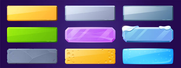 Game ui buttons for app interface, cartoon plaques Game ui buttons for app interface, cartoon menu plaques or banners. Textured gui graphic design elements ice , wooden, stone, metal and cheese with pink crystal gem user panel isolated 2d vector set cheese borders stock illustrations