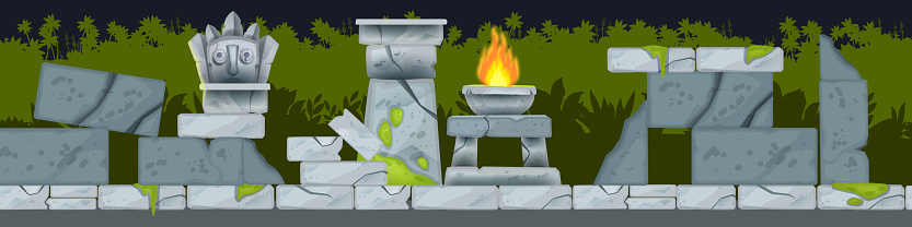 Game vector seamless landscape, cartoon jungle maya temple ruin background, stone altar, fire, boulders.
